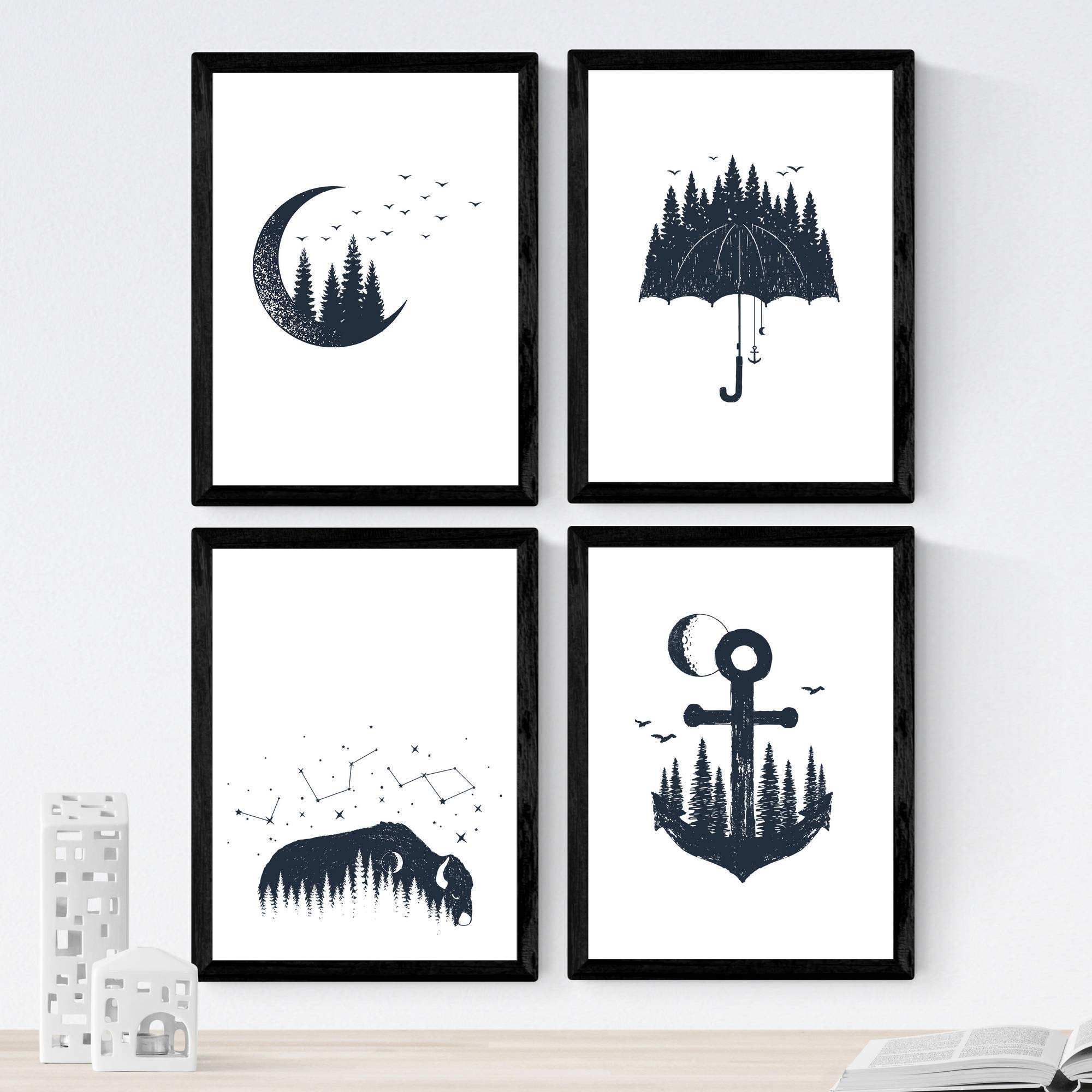 Nacnic Set of 4 prints of Forest Birds. Beautiful nature designs in nordic style. Wall decoration for your home, office or shop. A4, frameless.