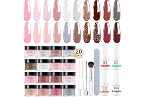 EODCI 31 Pcs Dip Powder Nail Kit Starter - 20 Colors Nude Brown Skin Tone Dipping Powder Liquid Set with Base Top Coat, Activator, Brush Saver, Nail Buffer and Brush No Needed Lamp Curing