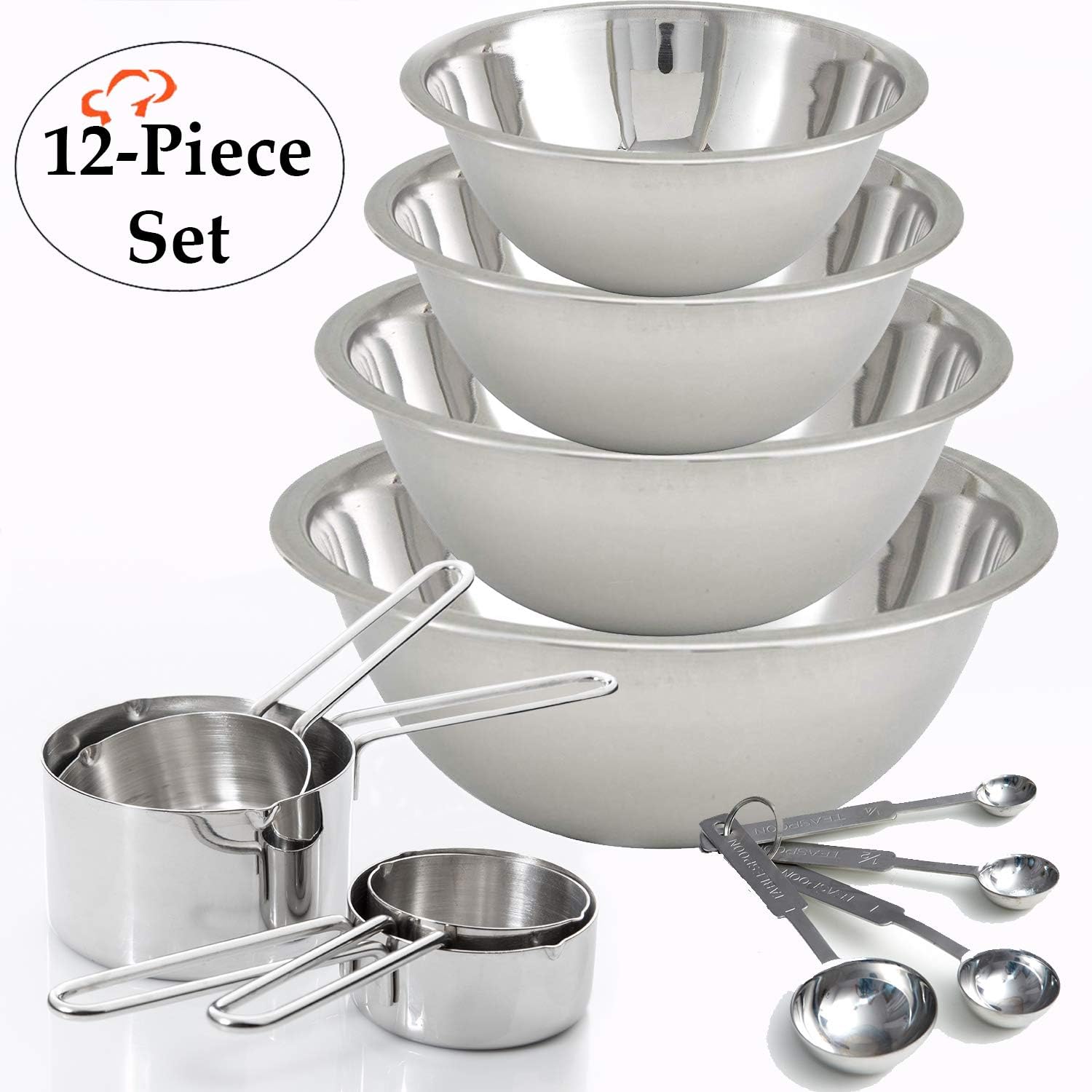 TigerChef 12-Piece Stainless Steel Measuring Cups and Measuring Spoon Set with 4 Mixing Bowls – Lifetime Guaranty
