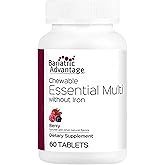 Bariatric Advantage Chewable Essential Multivitamin Without Iron - 200 DV of Key Nutrients - Trace Mineral Support* - Multivitamins for Bariatric Patients - Berry - 60 Count