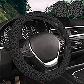 KARREAL Black Leopard Print Steering Wheel Cover & 2 Pcs Ceramic Absorbent Cupholder Coasters, Car Accessories Decorations for Women, Fit 14.5-15 Inch Auto, Suvs, Truck