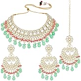 Aheli Kundan & Beads Studded Choker Necklace Maangtikka & Dangle Earrings Ethnic Bharatanatyam jewellery set Gift for Women