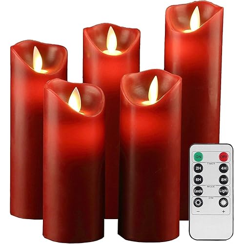 YIWER Flameless Candles,Red 5.5"/6"/6.5"/7"/8" Set of 5 Real Wax Not Plastic Pillars,Include Realistic Dancing LED Candle Flames and 10-Key Remote Control with 2/4/6/8-hours Timer Function,300+ Hours