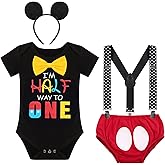 Baby Boy Half Way To One Birthday Cake Smash Outfit Romper+Diaper Cover+Suspenders+Headband 4pcs Set Photo Shoot