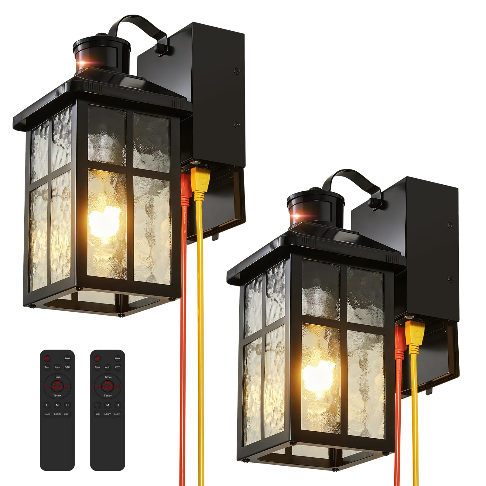 Photo 1 of 2 Pack Porch Light with Outlet and Remote Control - Plug in Outdoor Wall Lights with GFCI Exterior Lighting Fixtures Adjustable 3 Sensitivity Levels and 1-10min Delay for Porch, Patio, Entryway(Black)