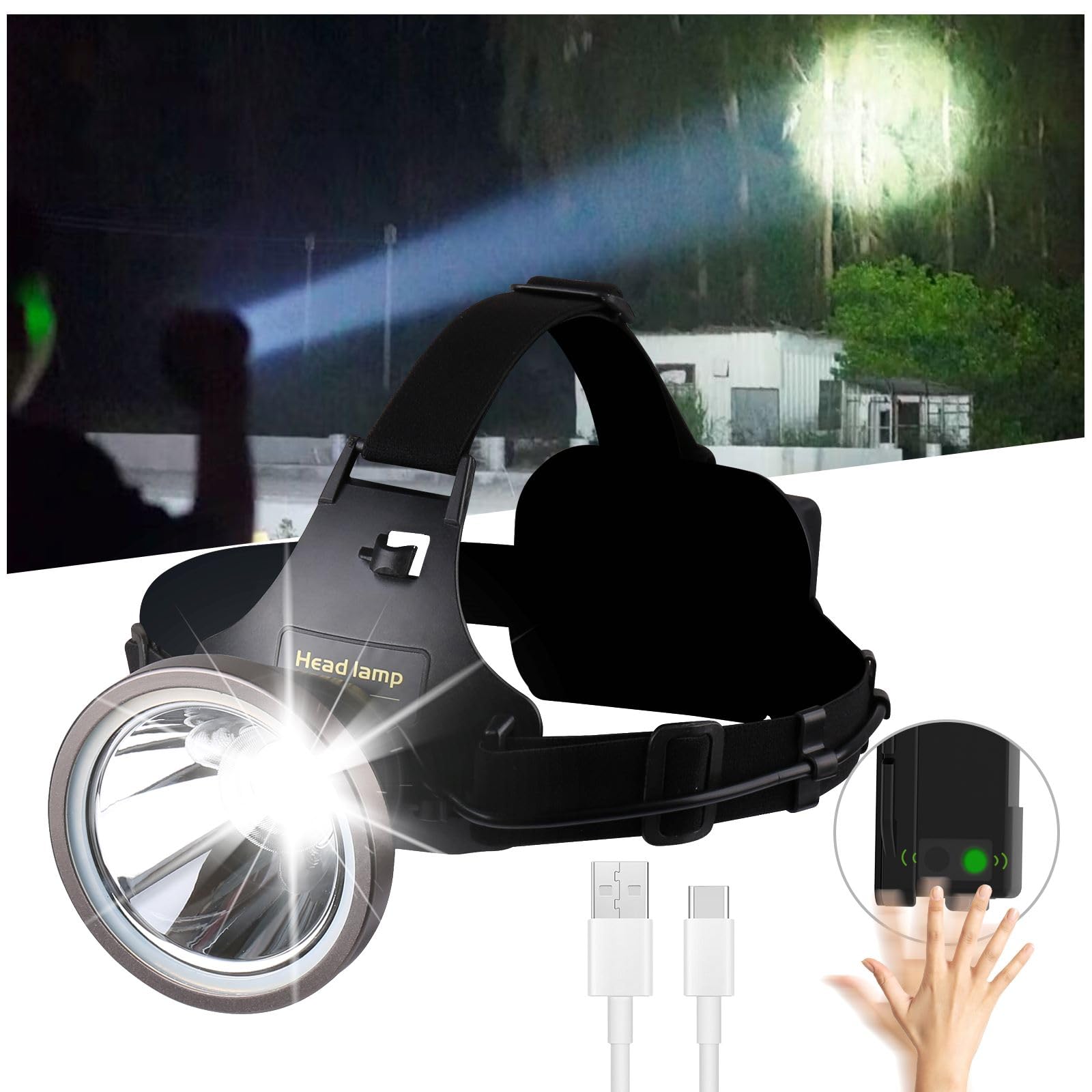 Photo 1 of Amkulop Led Bright Headlamp USB C Rechargeable Head Lamp with Battery Powered for Adult- Adjustable Motion Sensor Headlamps Flashlight Waterproof Searchlight for Hunting,Fishing