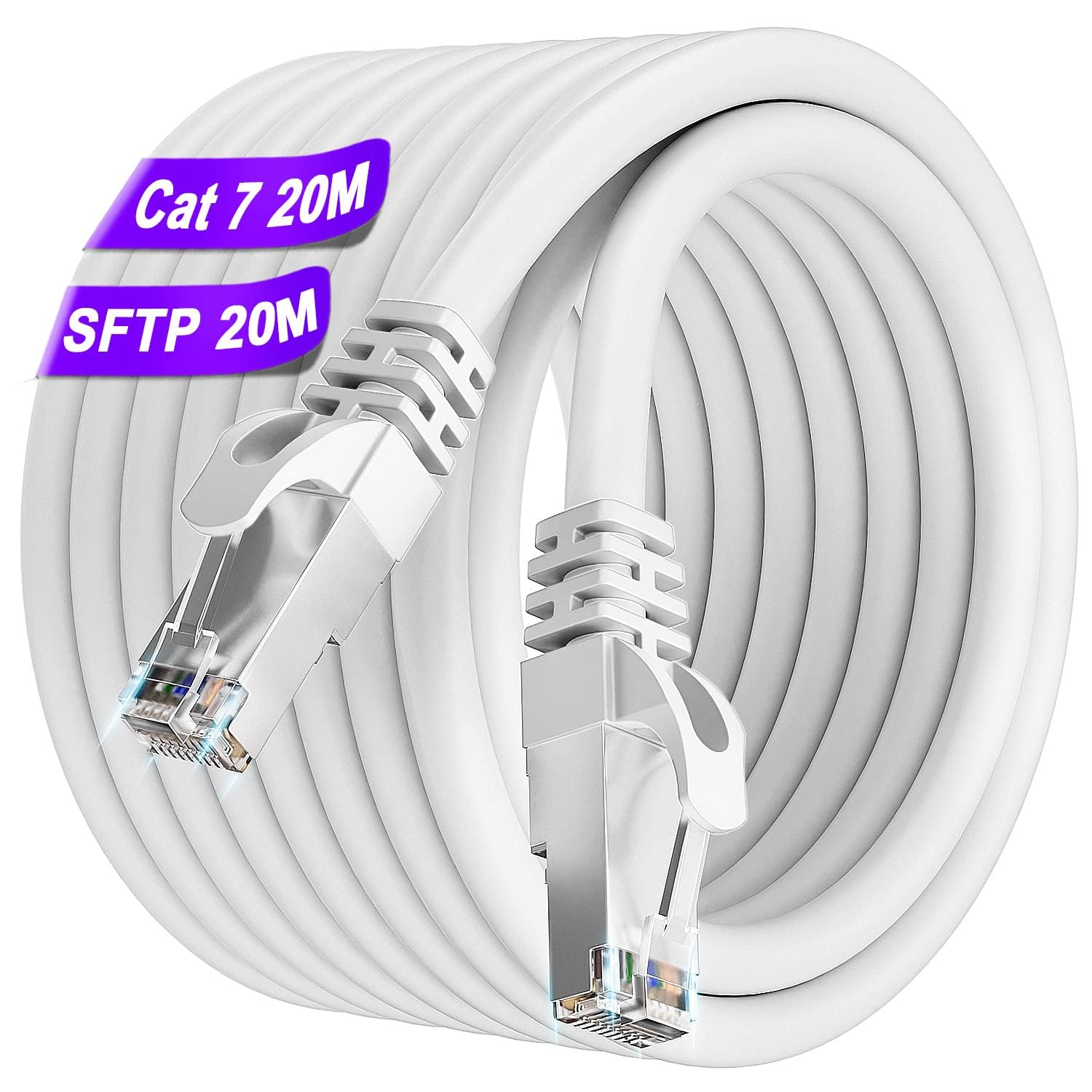 Ethernet Cable 20m, Cat 7 Internet Cable 20m High Speed Wifi Cable SFTP Shielded Network Cable 10Gbps Gigabit Patch Cables 600MHz 24AWG LAN Cable Indoor Outdoor RJ45 Cables Wlan Cabls for Router