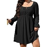 AlvaQ Plus Size Dresses for Women Square Neck Long Sleeve Dress Embroidery Eyelet A Line Sundress with Pockets L-4X