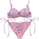 OYOANGLE Women's Floral Lace Sheer Lingerie Set See Through Bow Tie Underwire Bra Thong Sets