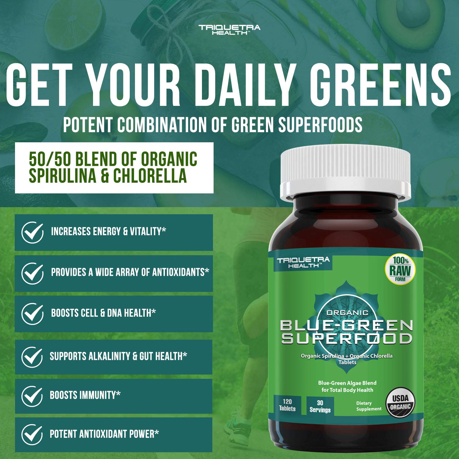 Organic Spirulina & Chlorella Tablets 4 Organic Certifications, Raw