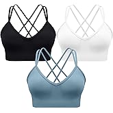 UOOMON Sports Bras for Women V-Neck Strappy Sports Bra Padded Cross Back Medium Support Workout Yoga Bra 3 Pack