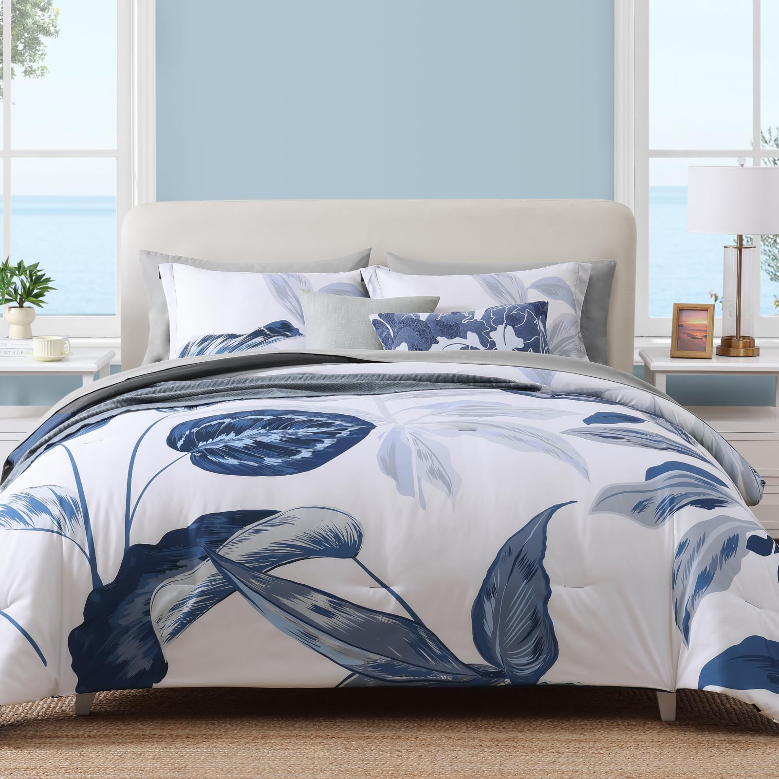 Photo 1 of WRENSONGE Queen Comforter Set- 7 Pieces Blue Tropical Leaves Soft Bedding Sets, Coastal Bed in a Bag, Botanical Printed Comforter with Sheets for All Season