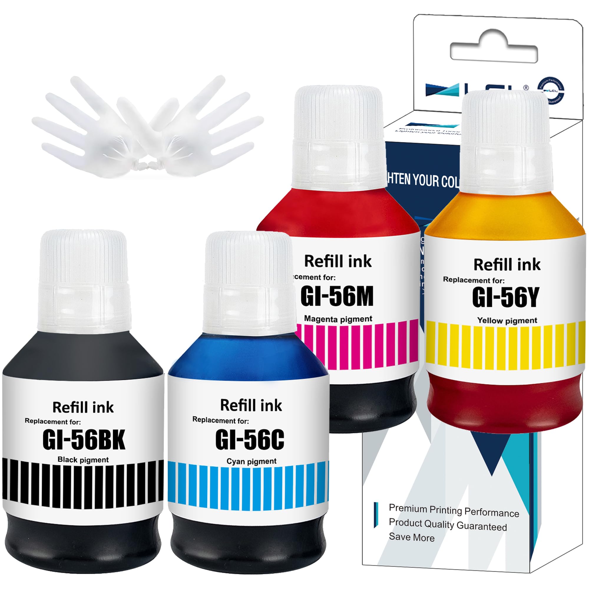 LCL Compatible Ink Bottle GI-56 GI-56BK GI-56C GI-56M GI-56Y Replacement for Canon MAXIFY GX7050 GX6050 GX5050 GX4050 GX3050 Printers (4PK Black 170ml, CMY 135ml)