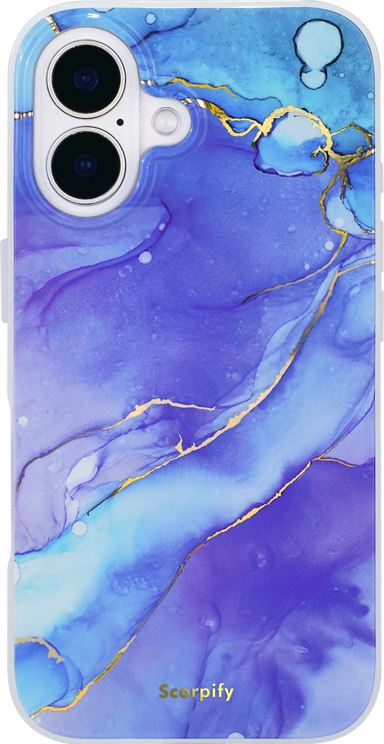 SCORPIFY for iPhone 16 Case [Compatible with MagSafe] with Fantasy Blue Marble Design, Cute Magnetic Phone Cover for Women Girls and Men, Slim Shockproof Bumper with Gold Accents