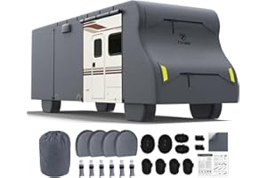 Fonzier Class C RV Cover 29-32ft, 7 Layer Top Heavy Duty Camper Cover, Extra-Thick Waterproof Windproof Anti-UV Rip-Stop Class C Motorhome Cover with 2Pcs Extra Straps, 6 Gutter Covers & 4 Tire Covers