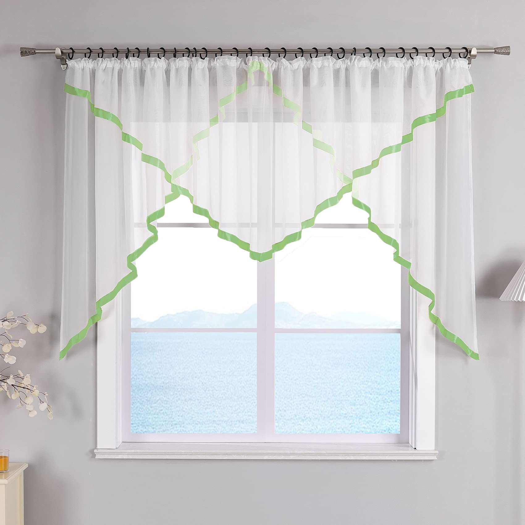 ESLIR Curtain with Ruffle Tape Kitchen Bistro Curtains Transparent Curtains with Satin Ribbon Voile Green H 145 x W 450 cm Pack of 1