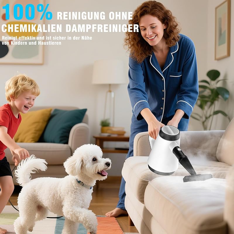 Handdampfreiniger, 400 ml Druck-Mehrzweckdampfreiniger mit 9-teiligem Zubehör, chemikalienfreier Dampfreiniger für den Heimgebrauch, Reinigung von Böden, Fliesen, Fenstern, Sofas (Weiß)