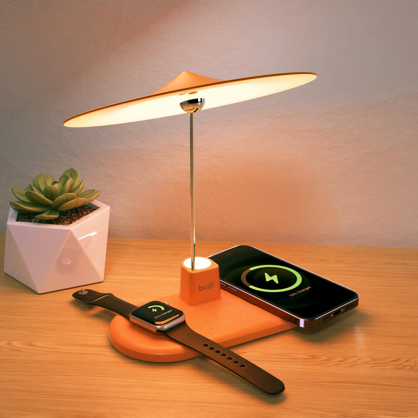 Photo 1 of BUDI Multifunctional Table Lamp with Wireless Charger, 3 in 1 Charging Station Desk Lamp Bedside Lamp Touch Lamp Bedroom Lamps for Nightstand Dimmable Lamp for Living Room, Home (Orange)