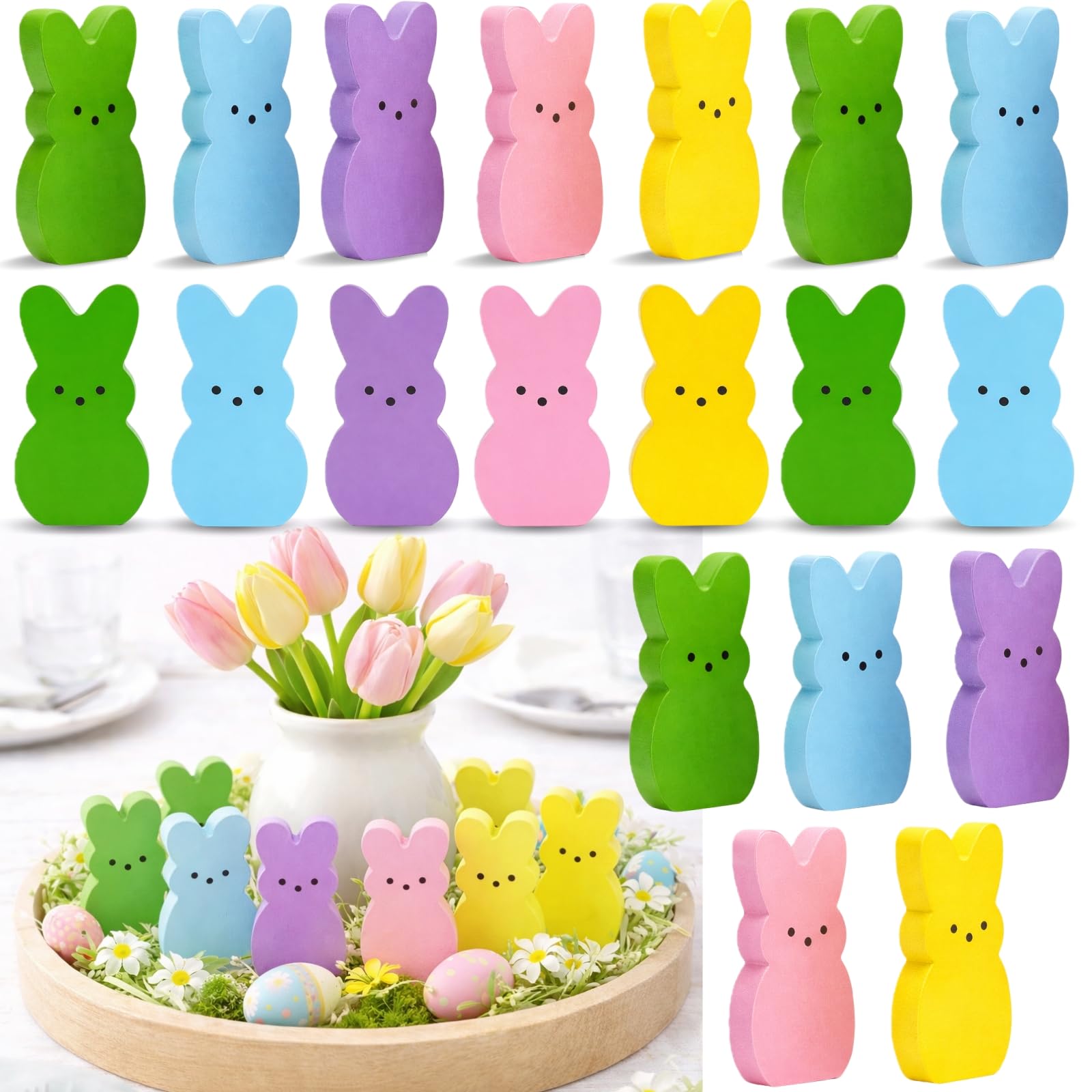 Wooden Easter Decor, 30 Pcs Mini Bunny Set, Freestanding Tiered Tray & Easter Basket Fillers, Spring Table Centerpiece Mantel Shelf Decorations