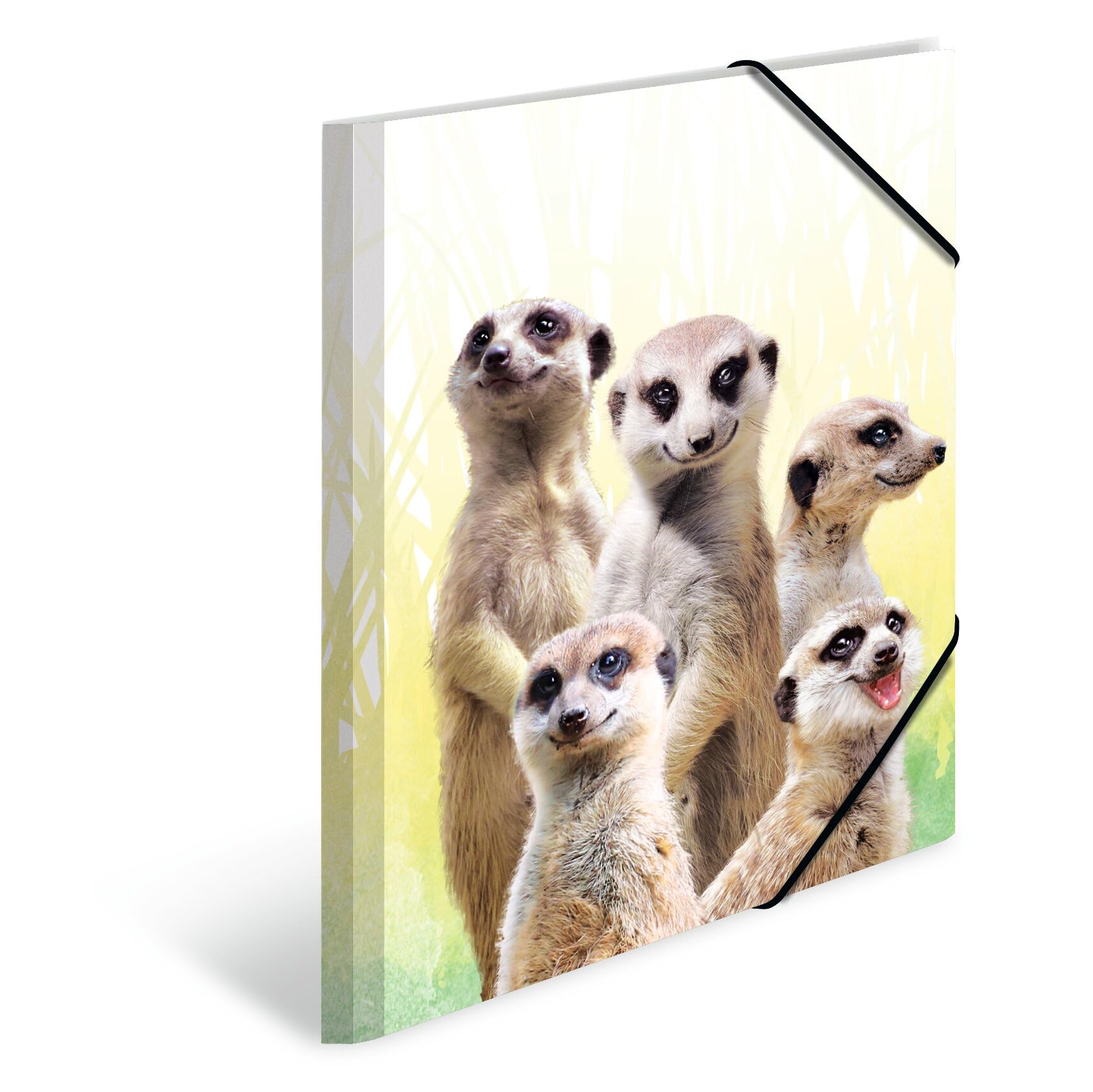 HERMA Portfolio Folder A4 Meerkat, Children's Corner Folder Made of Plastic with Animal Motif, Elastic Band, Inner Flaps and Inner Print for Boys and Girls