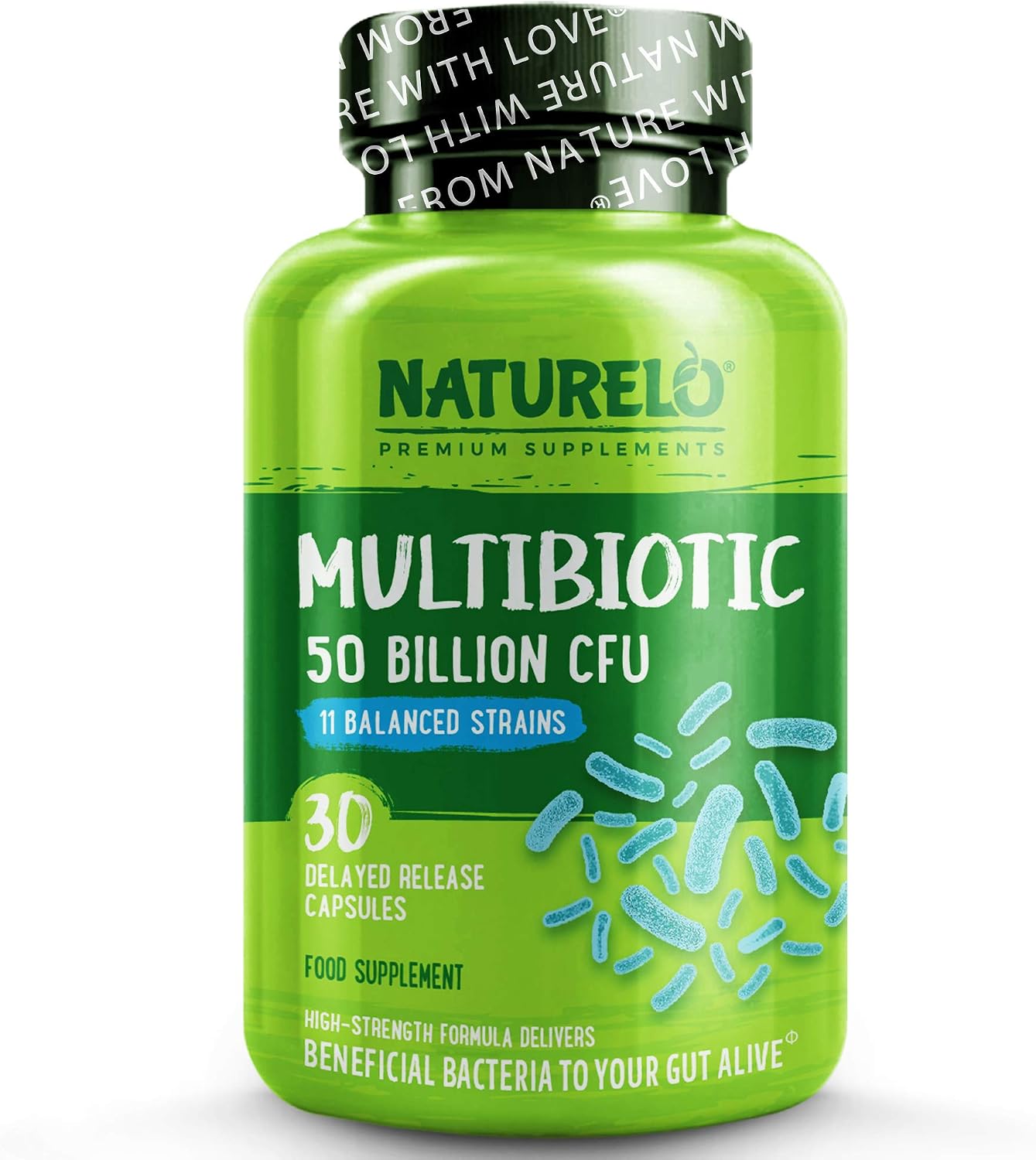 NATURELO Probiotic, Ultra Strength, 50 Billion CFU, 11 Lacto & Bifido Strains, One Daily, Gut-Friendly Bacteria