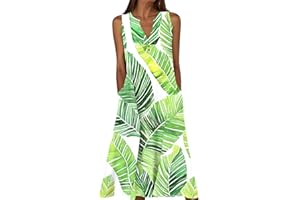 Frostluinai Womens Summer Casual Dresses Printed Sleeveless Midi Tank Sundress with Pockets V Neck A Line Maxi Dress