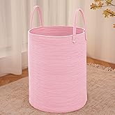 JMvicyroam Large Woven Laundry Basket Hamper,60L Cotton Rope Storage Bin for Blankets,Toys and Clothes,Decorative Tall Nursery Hamper for Living Room,Baby Nursery,Bathroom and Bedroom,Pink