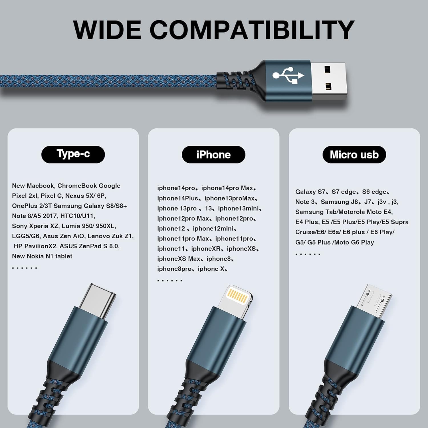 GIANAC Multi USB Kabel [3Stück 1.2M] 3 in1 Universal Ladekabel Schnell Ladekabel Mehrfach mit Micro USB Typ C Lightning Kabel für iPhone, Android Galaxy, Huawei,Oneplus,Sony,Honor View 7