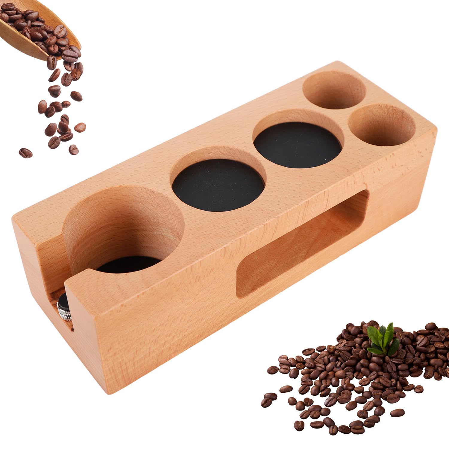 Tissting Coffee Tamper Station 58mm 5 Holes Wooden Espresso Knock Box with Anti Slip Feet, Coffee Tamping Distributor and Portafilter Holder for Kitchen Bar Cafe