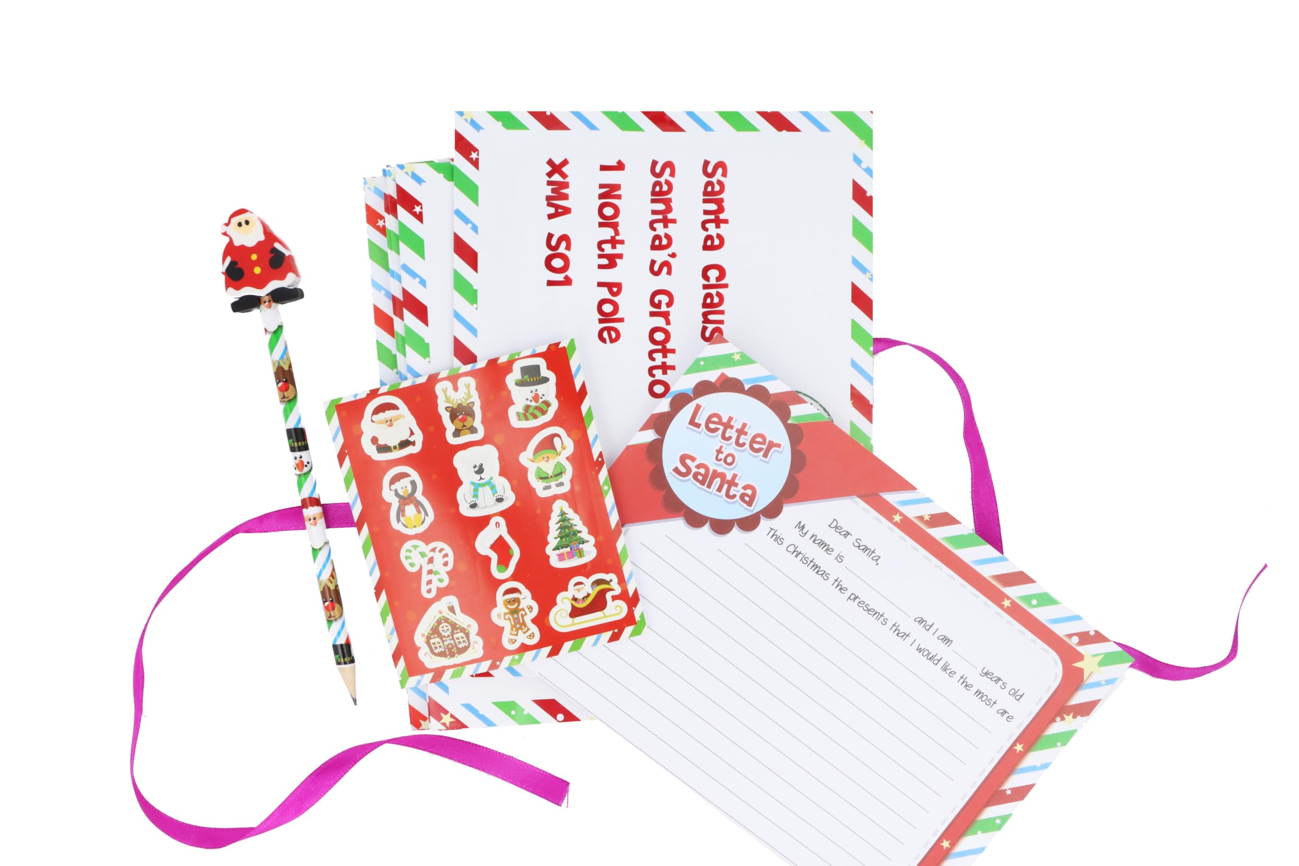 Henbrandt Christmas Letter to Santa Claus 5 Piece Activity Pack for Kids Xmas Writing Set with Sticker Sheet and Pencil with Eraser Christmas Card Stocking Fillers Father Present Wish List