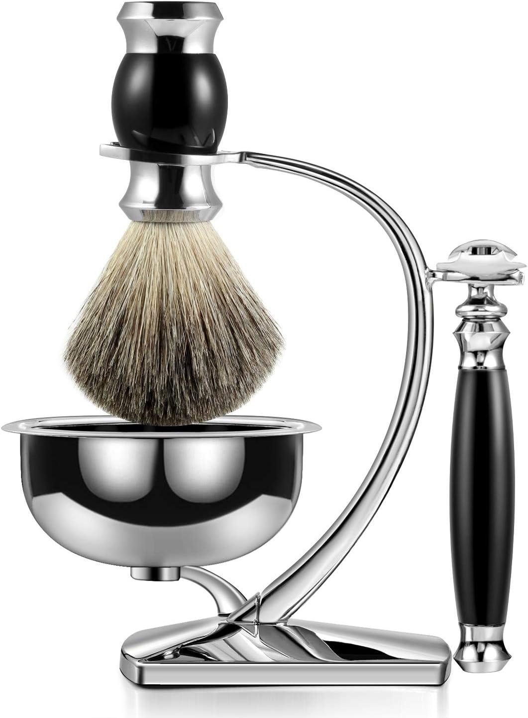 GRUTTI Shaving Set, Deluxe Chrome Razor and Brush Stand with Soap Bowl and Badger Hair Shaving Brush and Safety Razor (Double Edge)