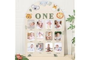 NAOZINEBI Wild Photo Board Jungle Animals Birthday Party Wooden Board Decorations 12 Monthly Milestone Picture Frame One Year Old Wood Sign 1st Birthday Photo Banner for Baby Boy Girl Keepsake Gift Supplies
