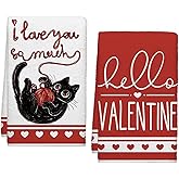 Cloudfomila Hello Valentines Day Cat Kitchen Towels, Red Heart Dish Towels Set of 2, Spring Cute Black Cat with Yarn 18 x 26 Inch Hand Towel Quick Drying Dishcloth Decor for Kitchen Bathroom Home