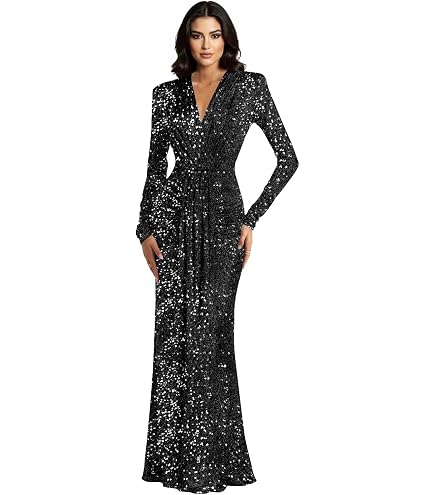 meilun Gold Long Sleeve Sequin Dress for Women Formal Evening Gowns Sparkly V Neck Maxi Dress for Wedding Guest,S : Clothing, Shoes & Jewelry