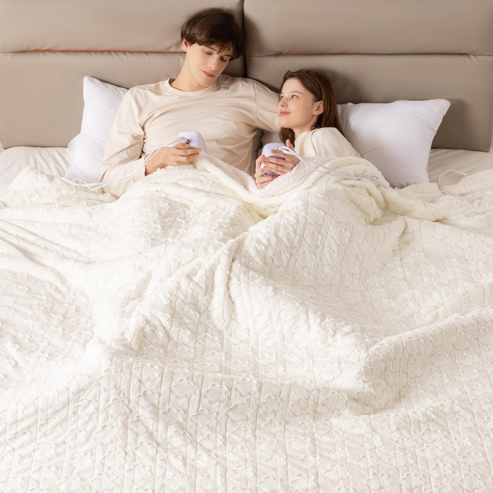 Photo 1 of Bearhug Electric Blanket King Size 100" x 90", Dual Controller Heated Blanket, White Flower Patterns Faux Fur & Warm Sherpa, 10-Heat Levels & 1-12H Auto Off,ETL, Machine Washable