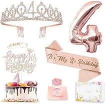Happy 4th Birthday Backdrop Banner For Girls | Rose Gold Vinyl Party Decor Sign - 59x35 Inches
