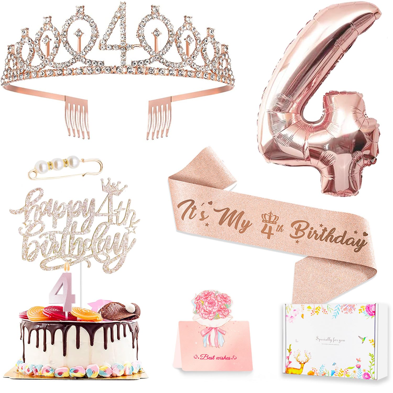 Photo 1 of ***FACTORY SEALED*** 
4th Birthday Decorations Girl, Including 4 year old Birthday Cake Topper, Queen Sash with Pearl Pin, Sweet Rhinestone Tiara Crown, Number Candles and Balloons Set, Rose Gold