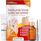 Natural Vine Toenail Fungus Treatment Kit: Max Strength Formula Fungal Nail Patches 32pcs + Liquid 15mL + Cream 20g Extra Strength for Toenail & Fingernails