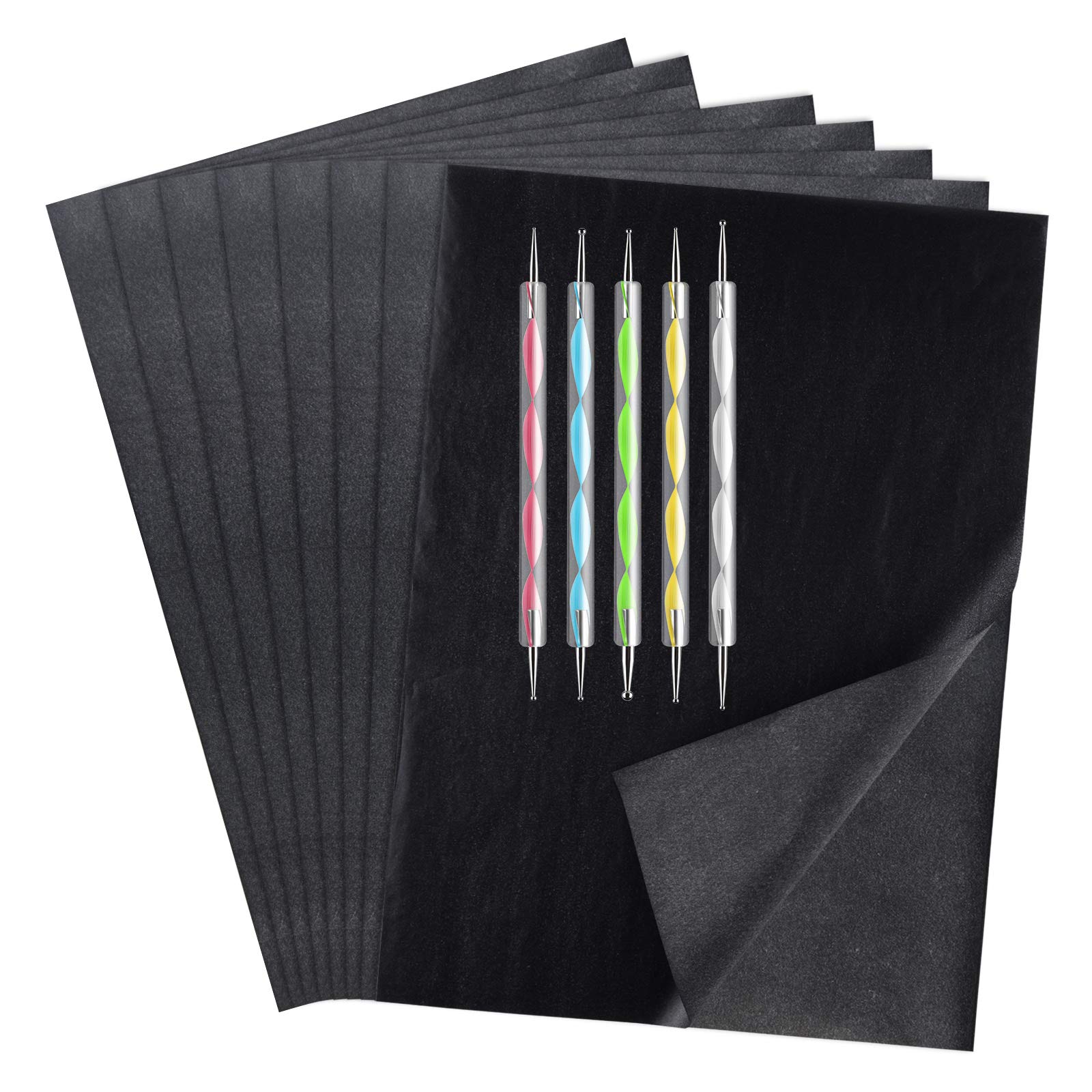 ASTARON 150 Sheets Carbon Paper Black Graphite Transfer Tracing Paper with 5 PCS Embossing Styluses Dotting Tools for Tracing on Wood Fabric and Other Surfaces