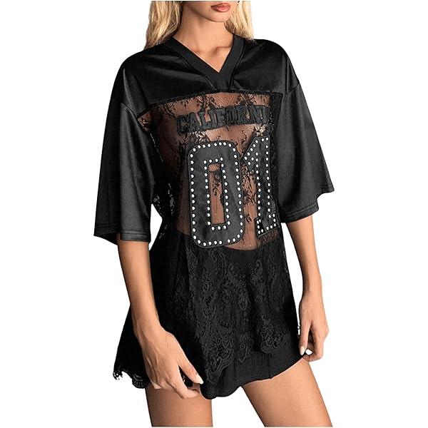 MakeMeChic Lace Jersey Shirts for Women V Neck Letter Graphic Tee