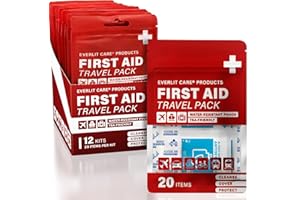 EVERLIT CARE Travel Bandage Pack | 12 Individual Packets, Bulk Portable Mini First Aid Kit with 20 On-The-Go Essentials | Compact Water-Resistant Reusable Pouch to Clean, Cover & Protect