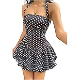 GORGLITTER Women's Polka Dots Halter Mini Dress Y2K Vintage Classy Open Back Ruched Puff Ruffle Bubble Dresses