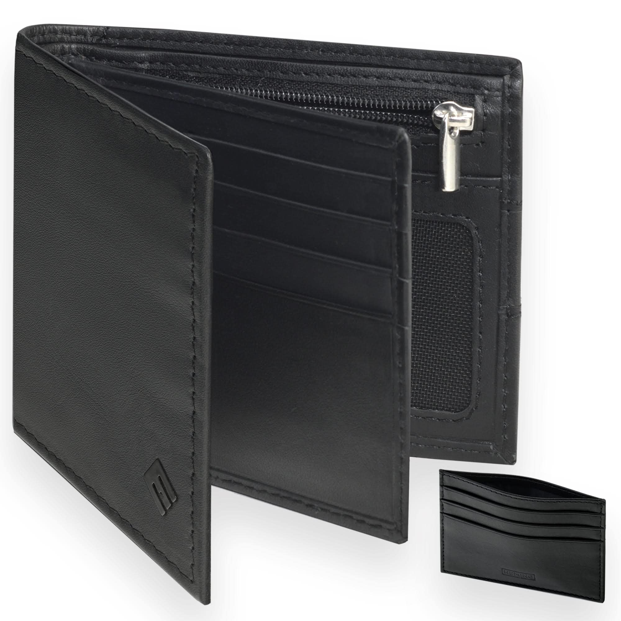 HEMING Large Capacity Men's Wallet with Coin Pocket. Includes a Separate Gift Card Holder. Black Leather Wallet with Purse for Many Cards. Leather