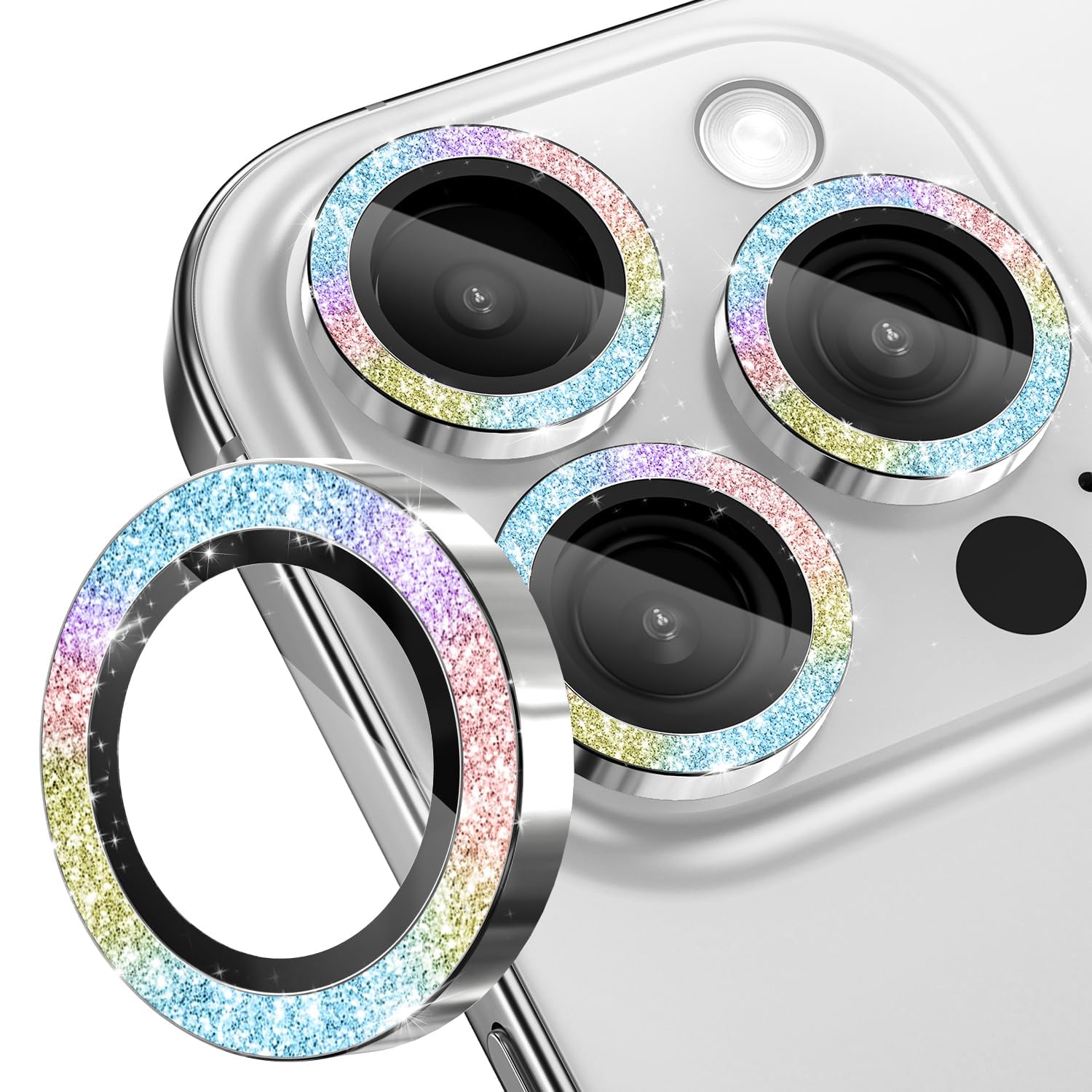 CloudValley for iPhone 16 Pro/iPhone 16 Pro Max Camera Lens Protector Bling, [Glitter Decoration] Ultra-HD Tempered Glass Cover, Metal Lens Screen Protective Ring Accessories,Sparkle