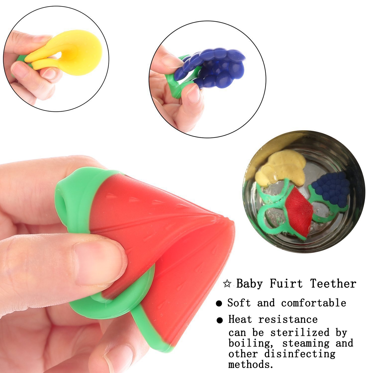 Zakitane Baby Fruit Teether Teething Toys Chewable Silicone Teethers with Rings Infant Toddler Teething Pain Relief BPA Free Set of 3 Watermelon Bananas and Grapes