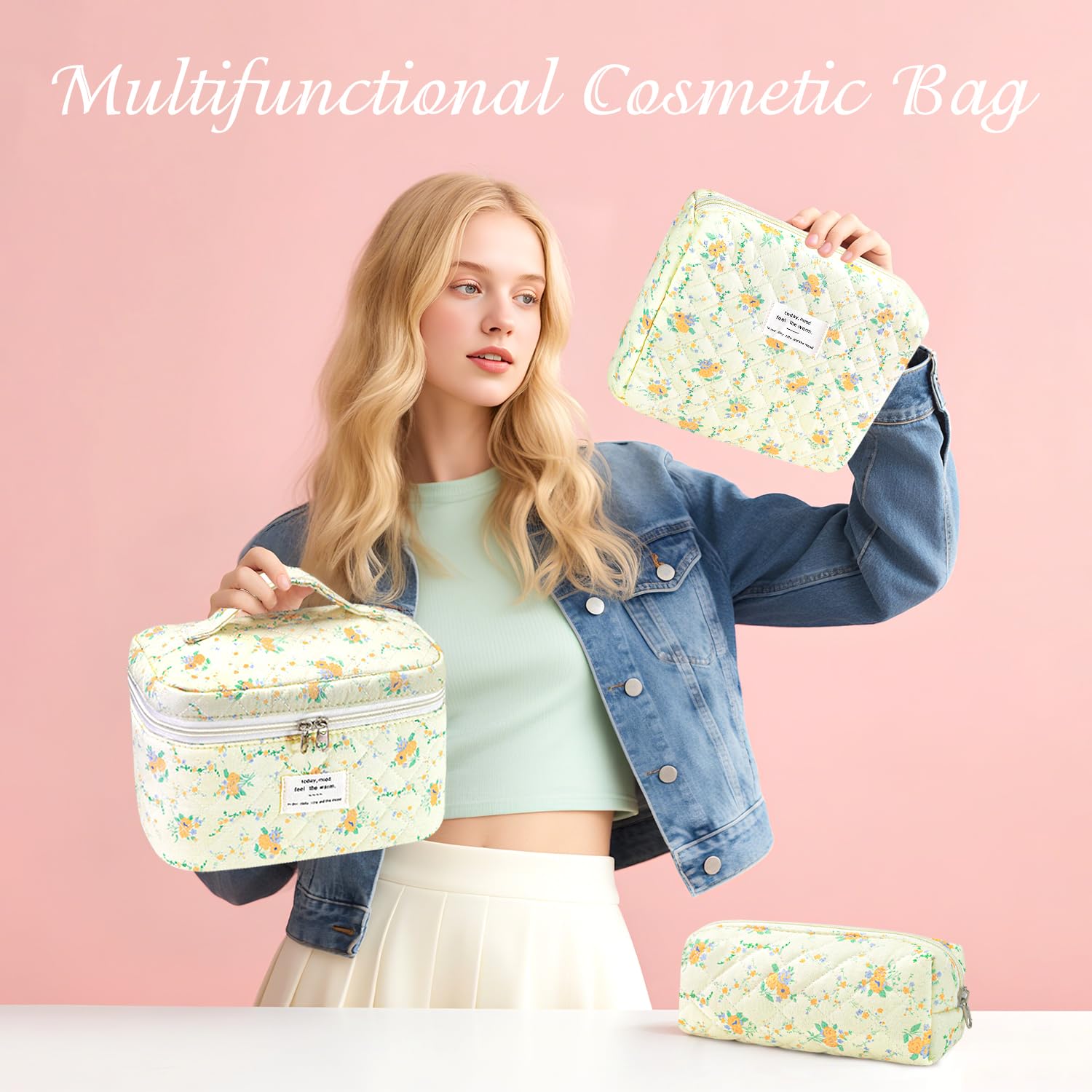 Givurao 3Pcs Cotton Quilted Makeup Bag for Women Girls, Large Floral Cosmetic Bag Set Cute Makeup Brushes Aesthetic Accessories Storage Bag Yellow Daylily Flower Travel Toiletry Bag Organizer