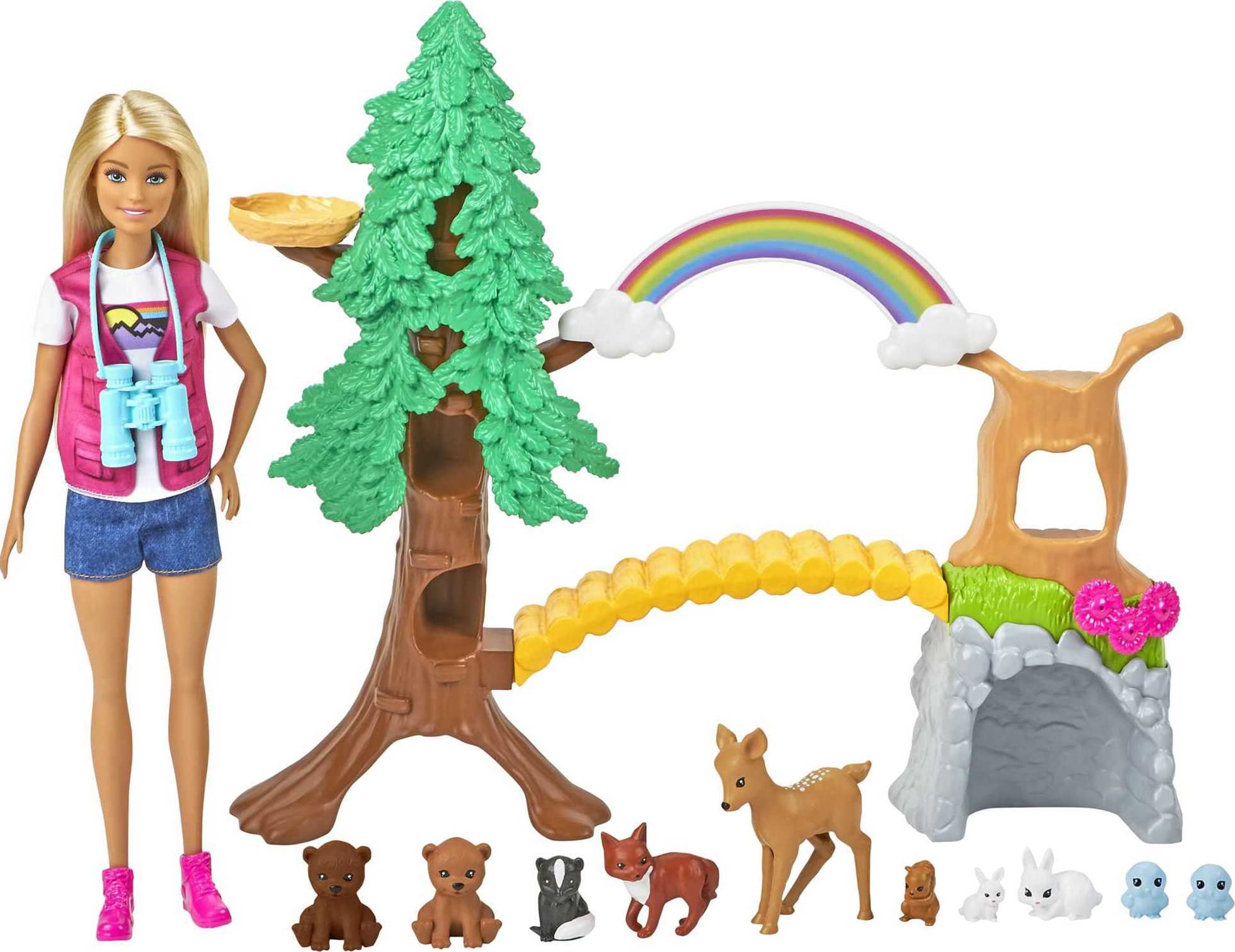 Barbie Wilderness Guide Interactive Playset, Blonde Barbie Doll, Outdoor Tree, Bridge, Overhead Rainbow, 10 Animals & More, Gift for Ages 3 Y+, GTN60