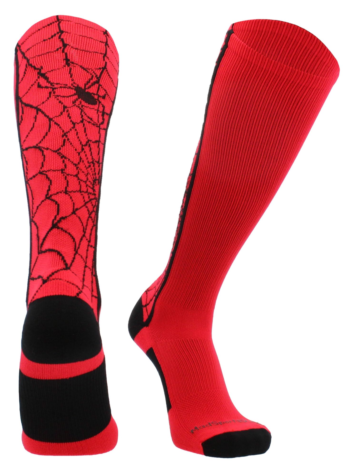 MadSportsStuff Crazy Spider Web Calcetines sobre la pantorrilla (escarlata/negro, mediano)