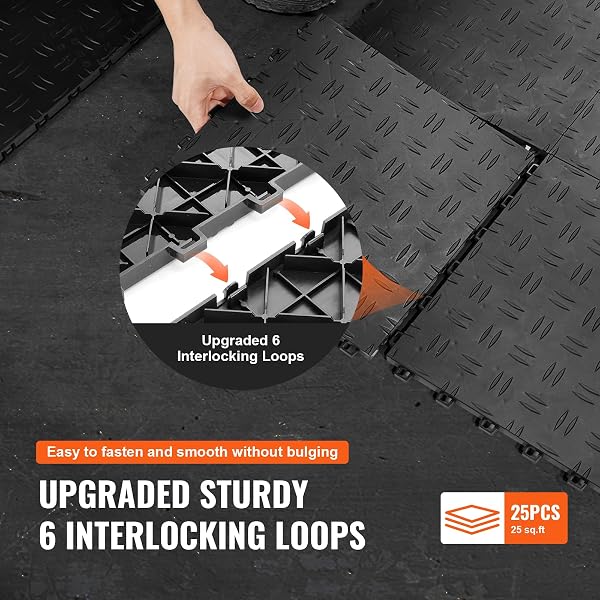 VEVOR GARAGE FLOOR TILES 12 X 12 X 0.53 INCH, INTERLOCKING DESIGN EASE OF INSTALLATION DOUBLE-SIDED TEXTURE NON-SLIP STURDINESS, FOR GARAGES, BASEMENTS, REPAIR SHOPS, BLACK, 25 PACK