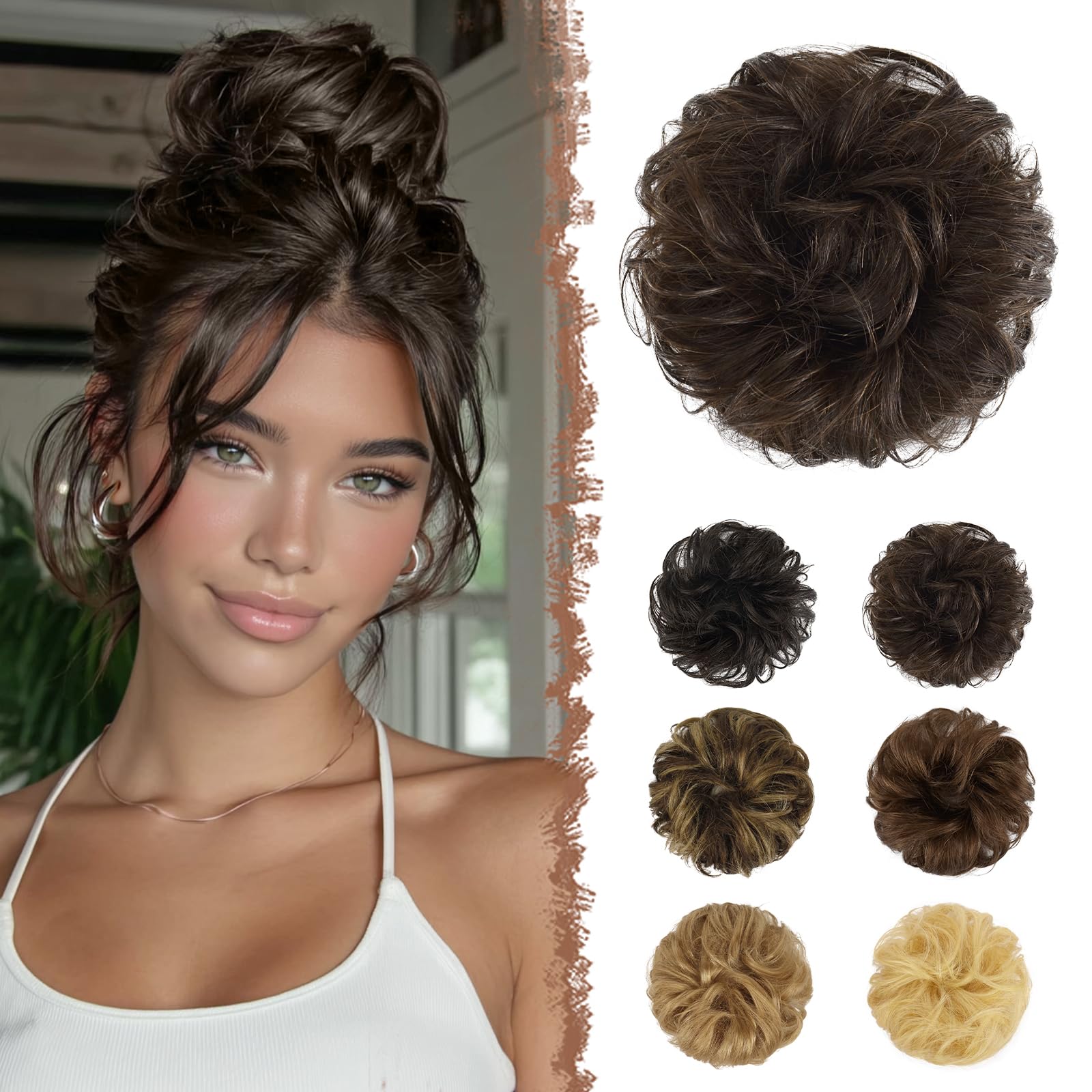 FESHFEN Human Hair Messy Buns, 100% Human Hair Bun Hair Piece Real Hair Extension Wavy Curly Hair Scrunchies Tousled Updo Chignon Hairpieces for Women Girls, Brown — image 1